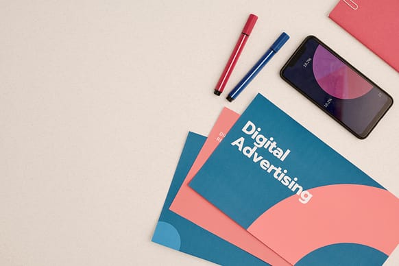 Flat layout of digital advertising brochures and phone with financial diagram